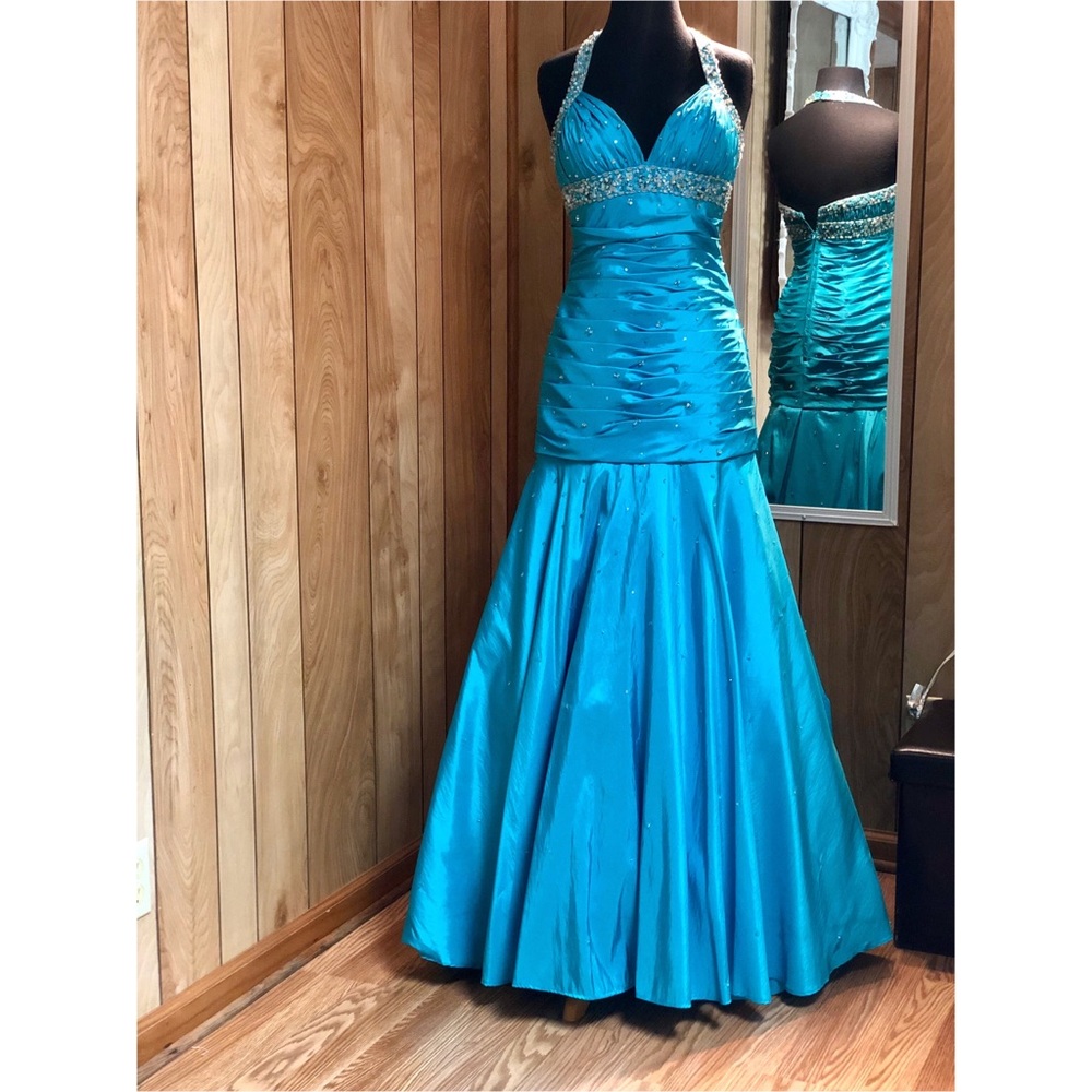 Mori Lee Teal Beaded Halter Prom Dress